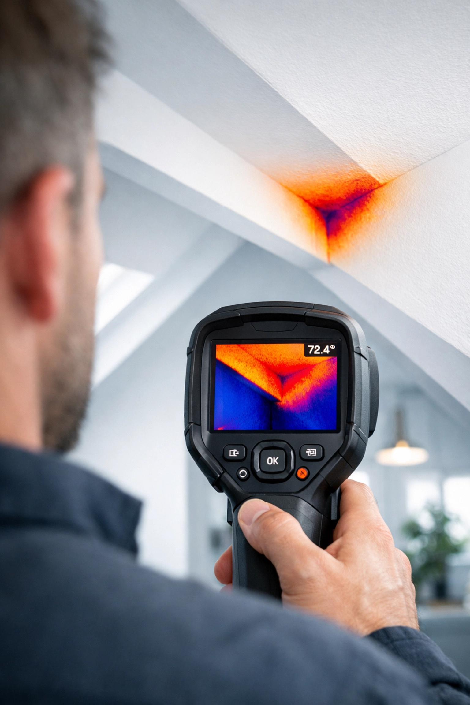 Thermal imaging camera detecting moisture and heat loss during a professional roof survey in Lisburn.