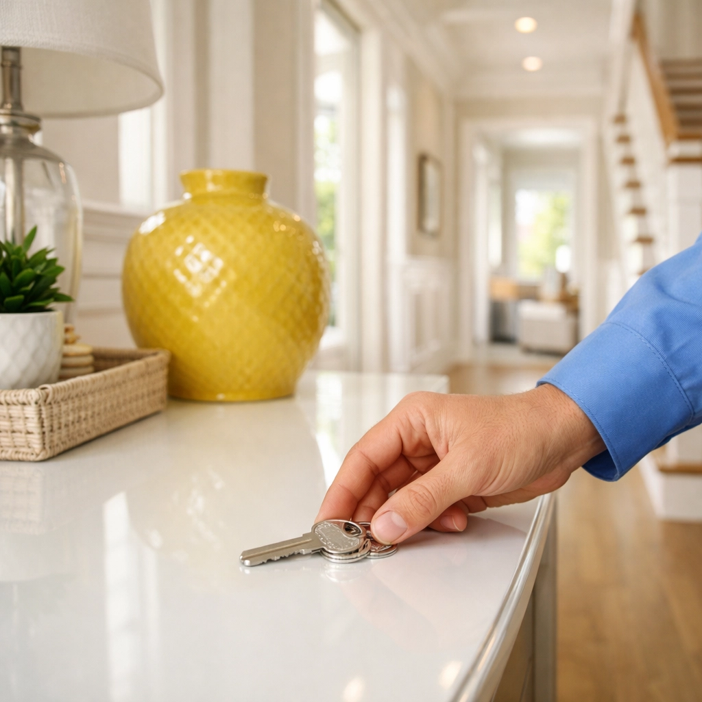 Professional cleaner placing key in a modern foyer, showcasing trusted House Cleaning Services MA.