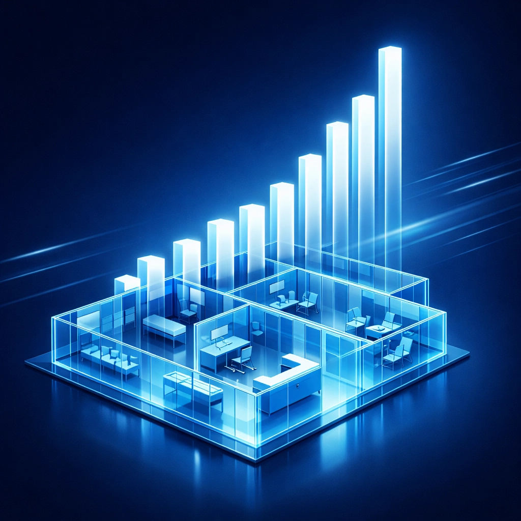 Medical clinic floor plan with rising bars representing growth and increased revenue from patient intake automation.