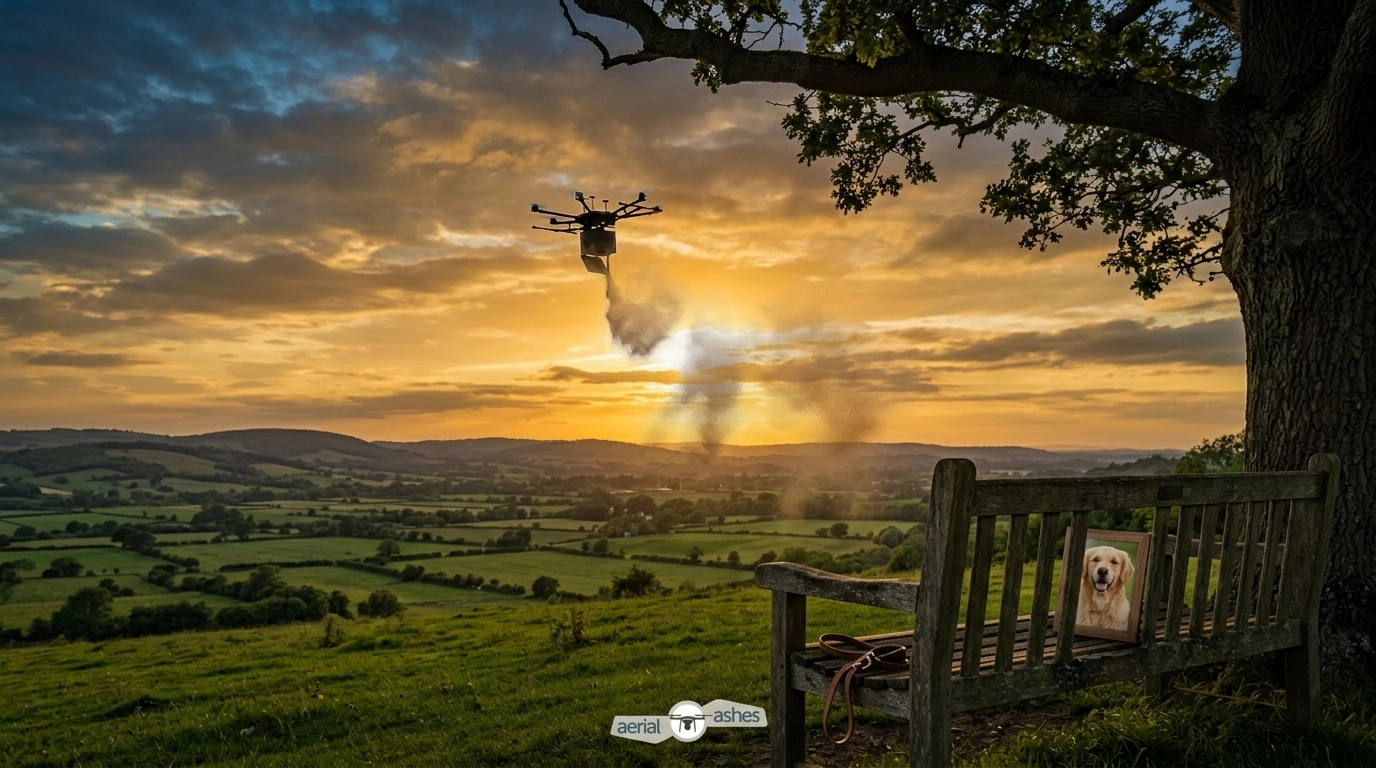 A serene drone ash scattering ceremony for a dog at sunset in the UK countryside