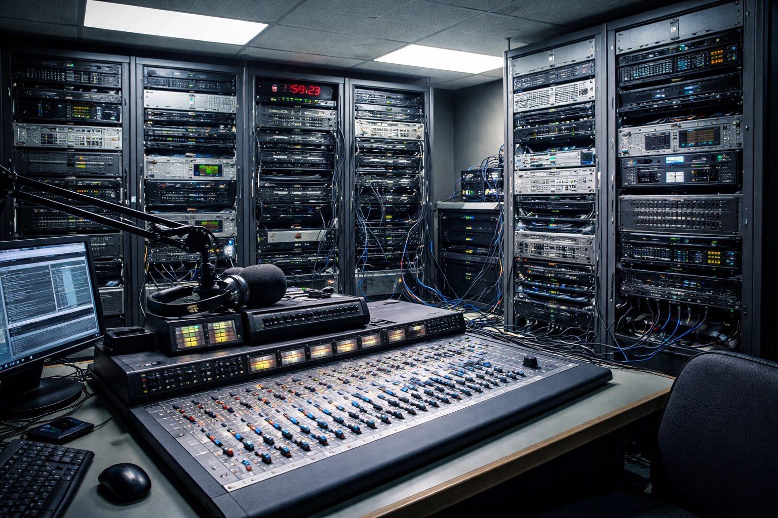 Traditional radio broadcast studio filled with complex equipment racks, servers, and audio consoles, highlighting legacy radio station equipment requirements.