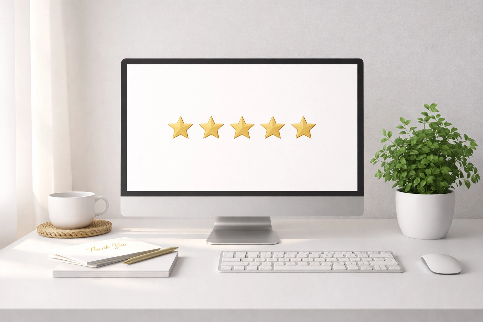 Desktop workspace with review stars on a monitor, symbolizing trust-building through customer testimonials and updates.