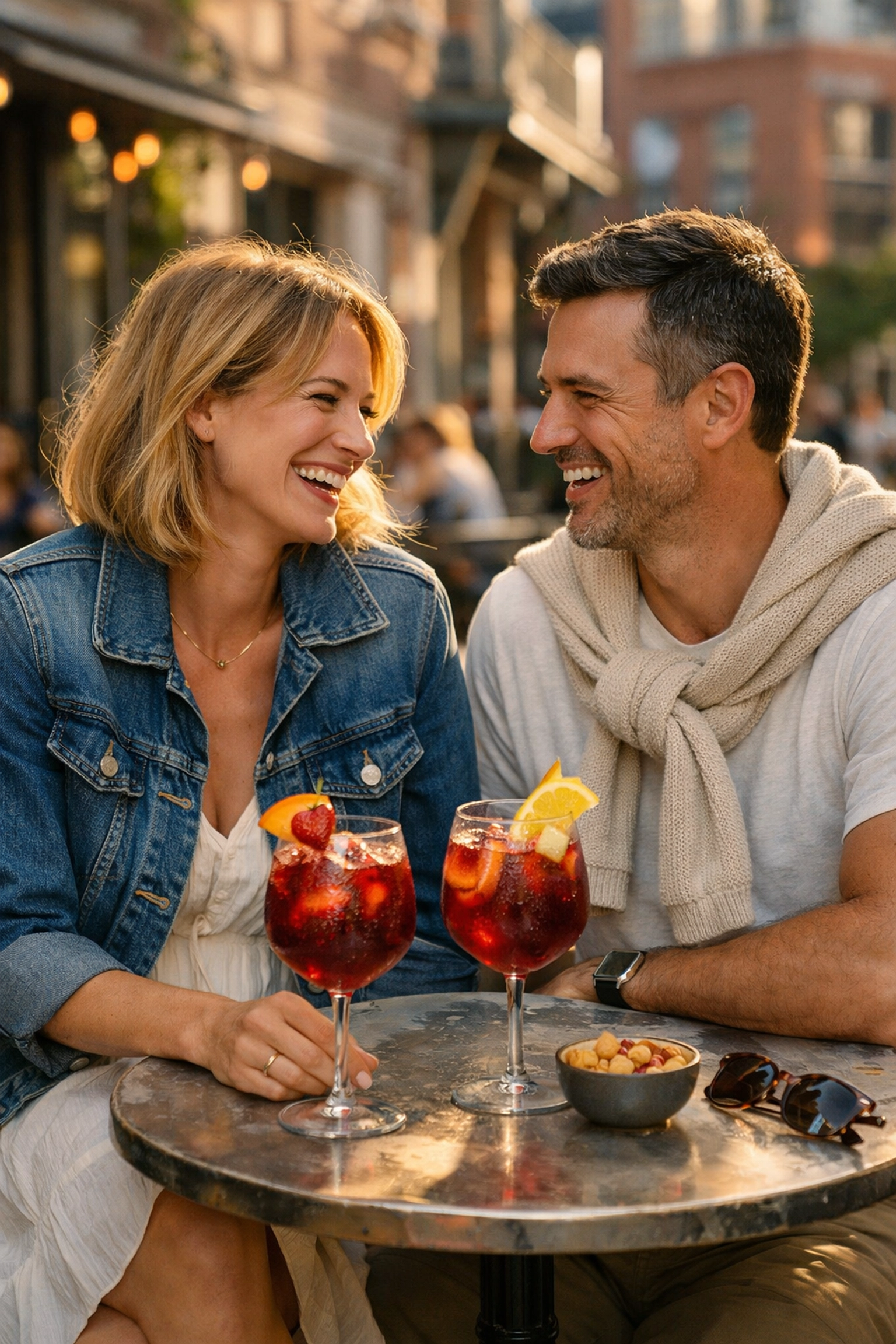 A couple in layered spring fashion enjoying drinks on a sunny Montreal terrasse.