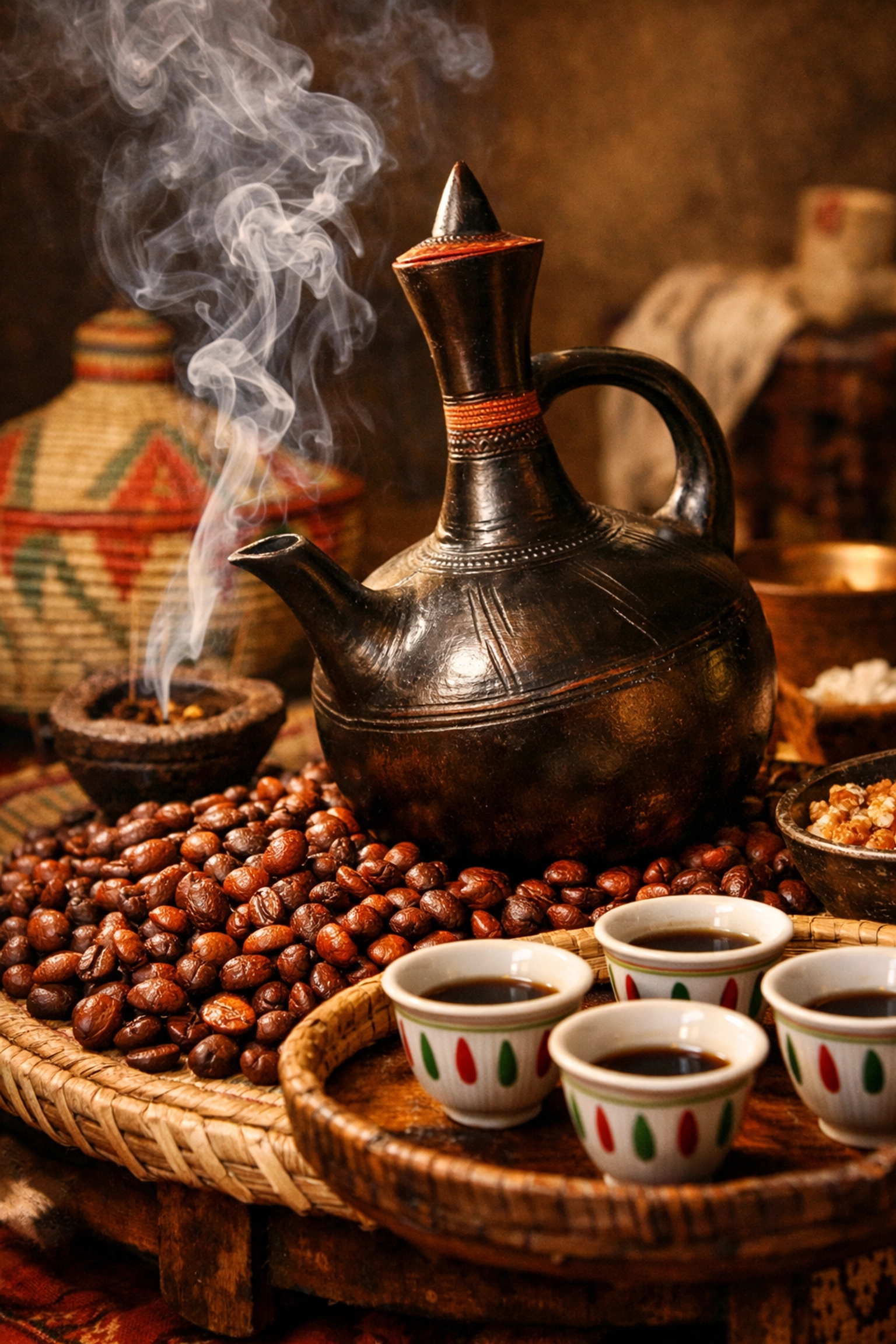 Traditional Ethiopian coffee ceremony with jebena pot and natural-process coffee beans
