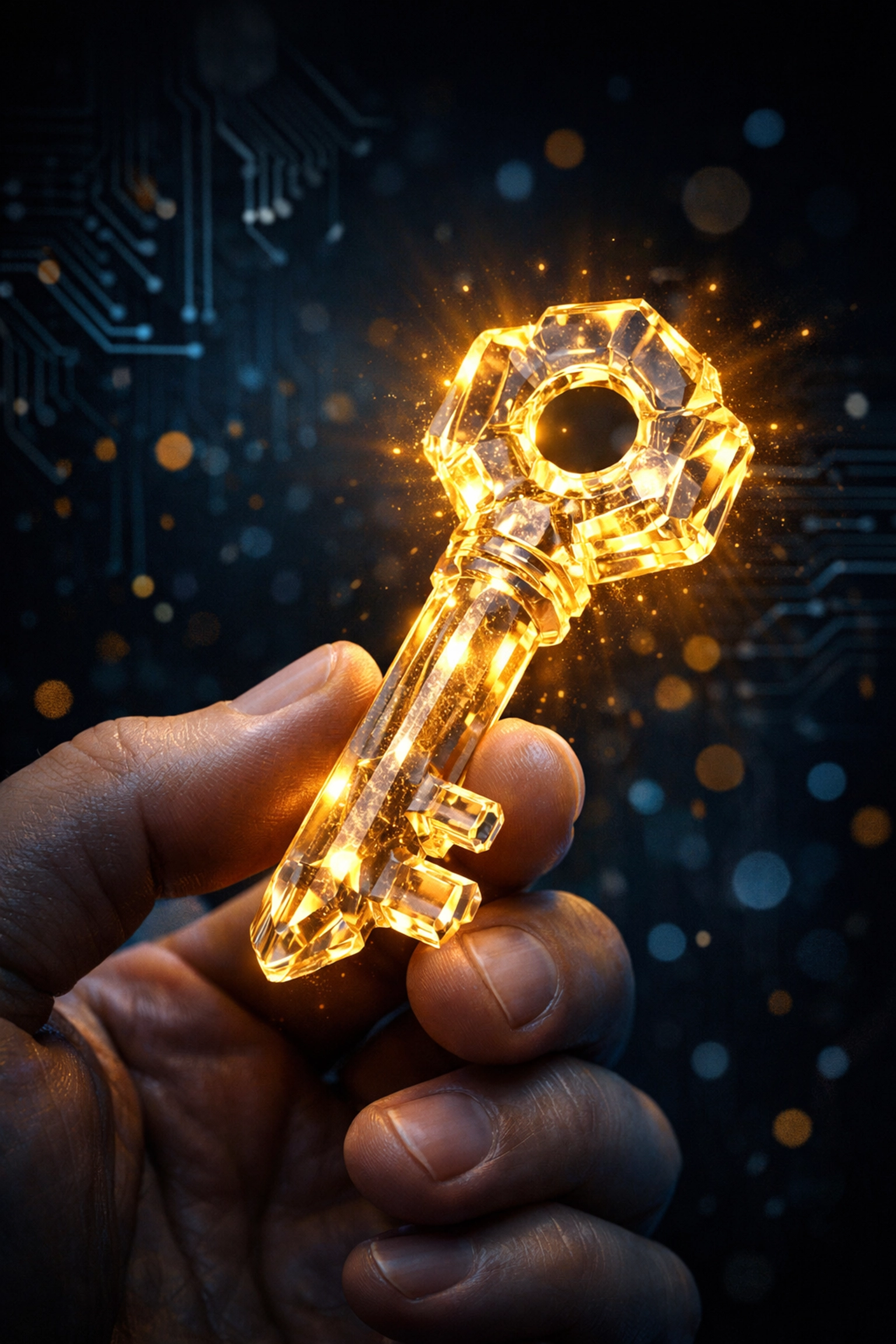 Secure crypto self-custody represented by a glowing digital key for Larecoin merchant payments.