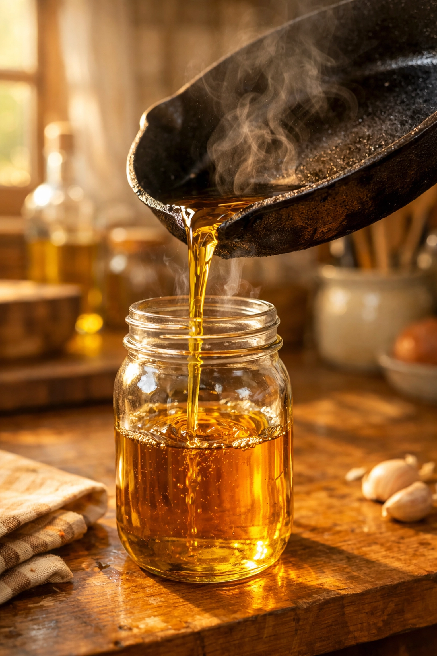 Pouring cooking oil into a jar to prevent kitchen drain clogs and costly sewer backups.