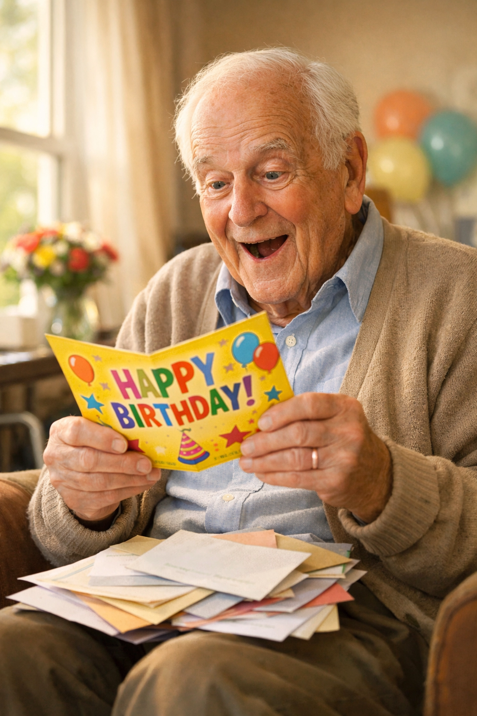 Elderly man opening birthday cards and letters from pen pal volunteers