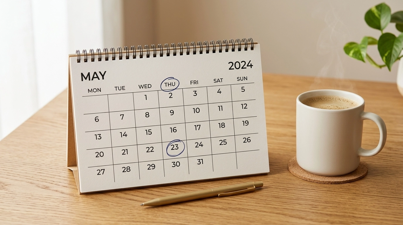 A desk calendar with Thursday circled and a natural cup of coffee on a desk