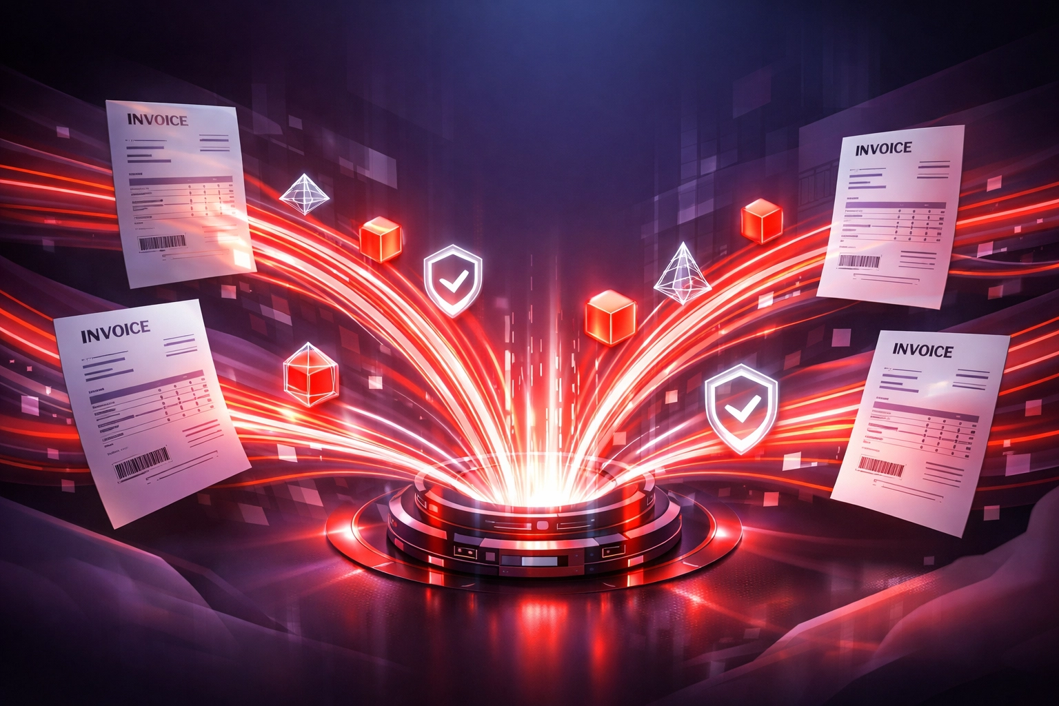 Automated invoice processing system with data streams flowing to central verification hub