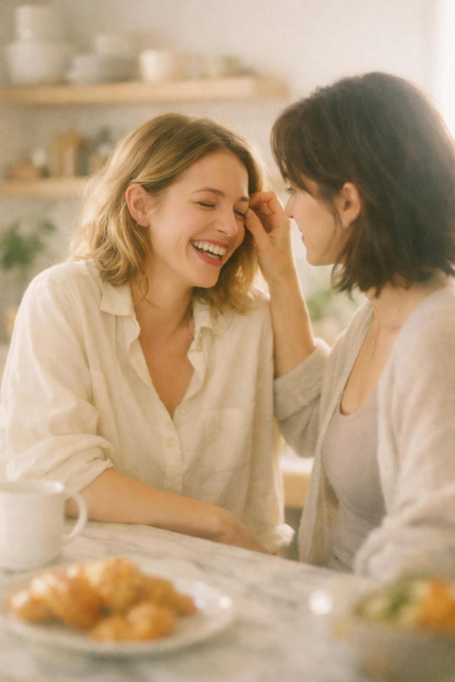 Two women sharing a slow-burn romantic moment in a sunlit kitchen, showcasing queer contemporary romance.