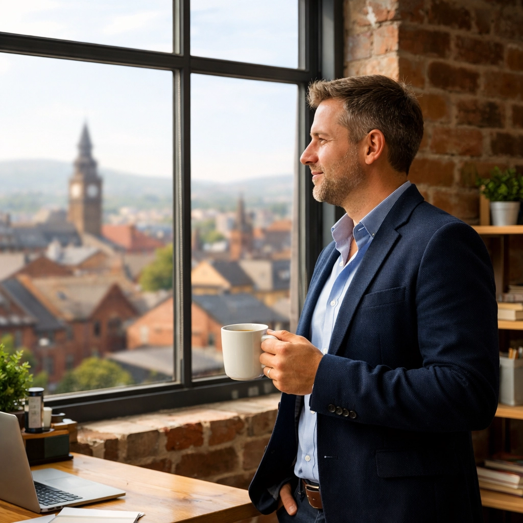 A business owner in a modern office overlooking Oldham, symbolizing successful business growth and finance.