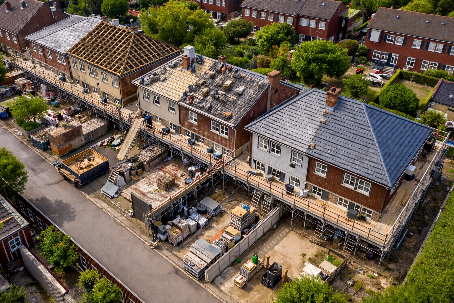 Aerial view of semi-detached Oldham homes under renovation, builders and scaffolding, showing fast project progress.