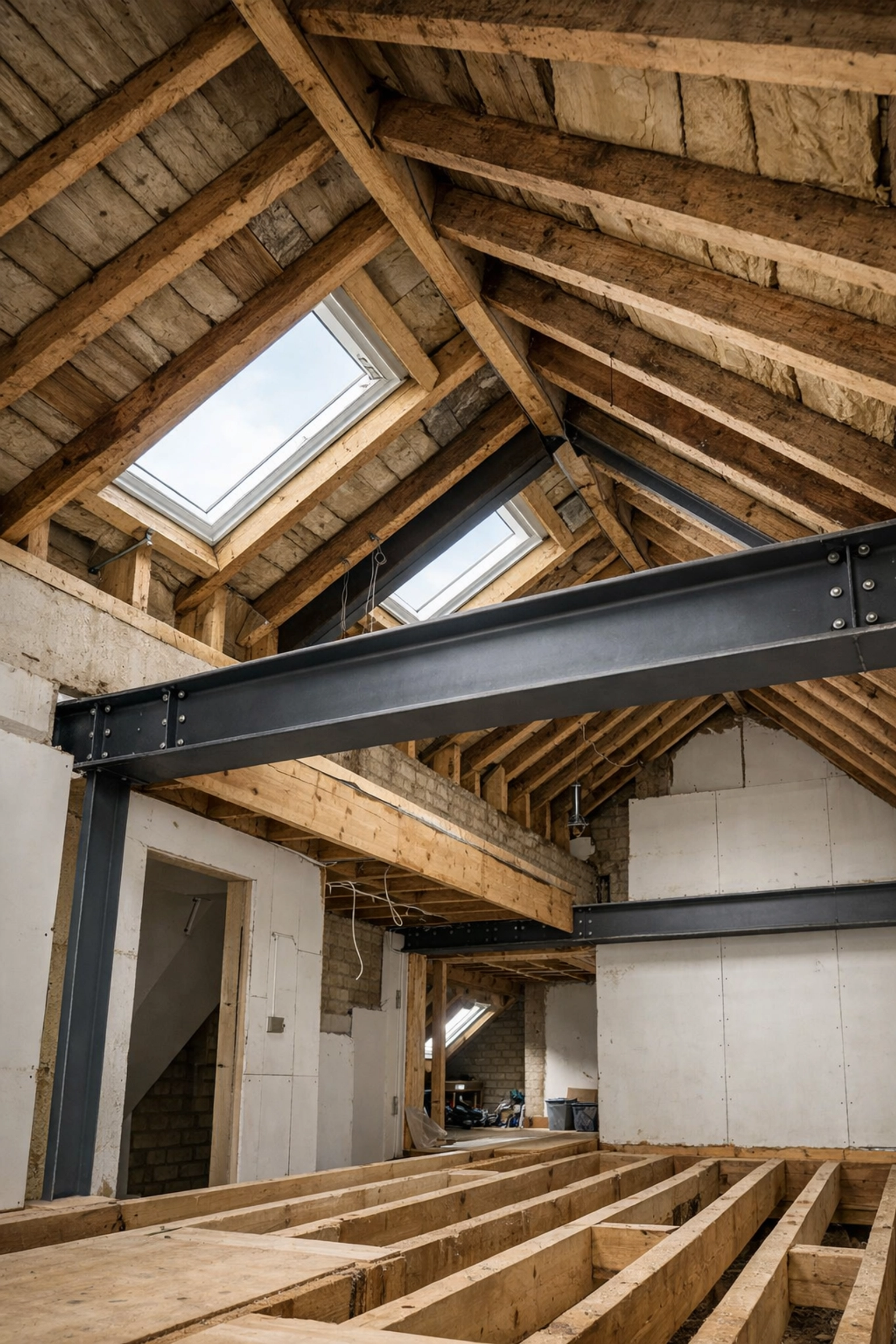 Loft conversion structural work showing RSJ steel beams and timber framework in London home