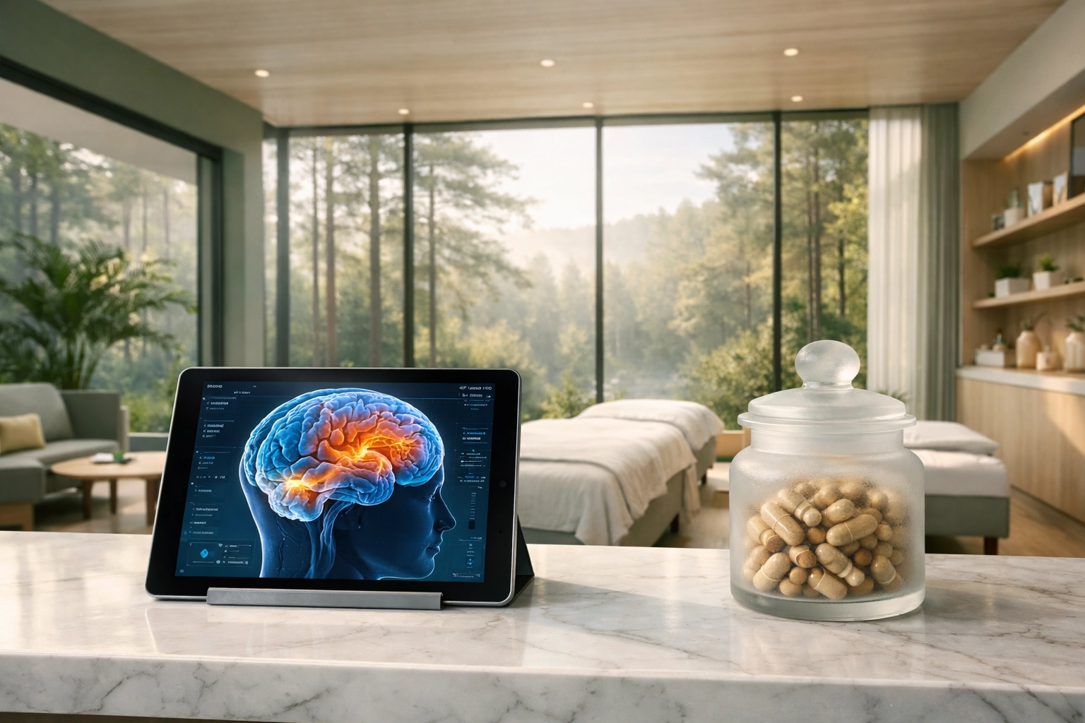 Modern psilocybin wellness clinic interior with medicinal mushroom capsules and a digital brain health scan.