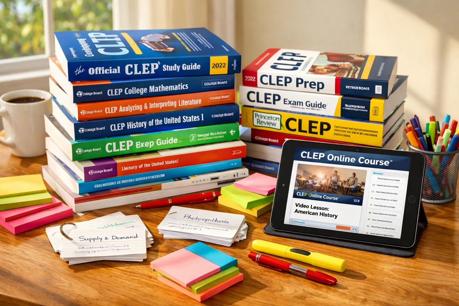 Multiple CLEP study resources including official guides, flashcards, and online courses