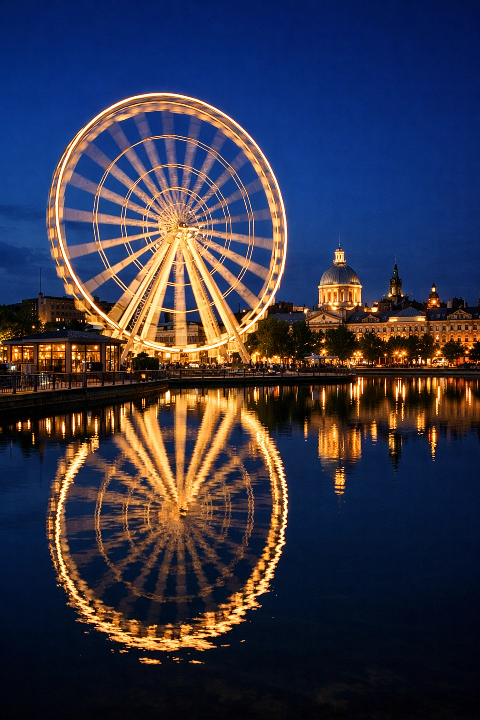 La Grande Roue de Montréal observation wheel illuminated at night in the Old Port.