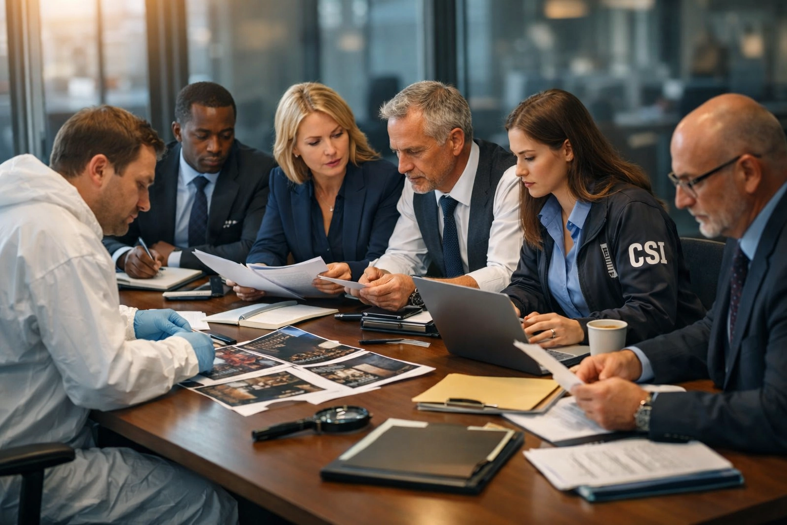 Fraud investigation team of legal advisors and forensic specialists collaborating at conference table