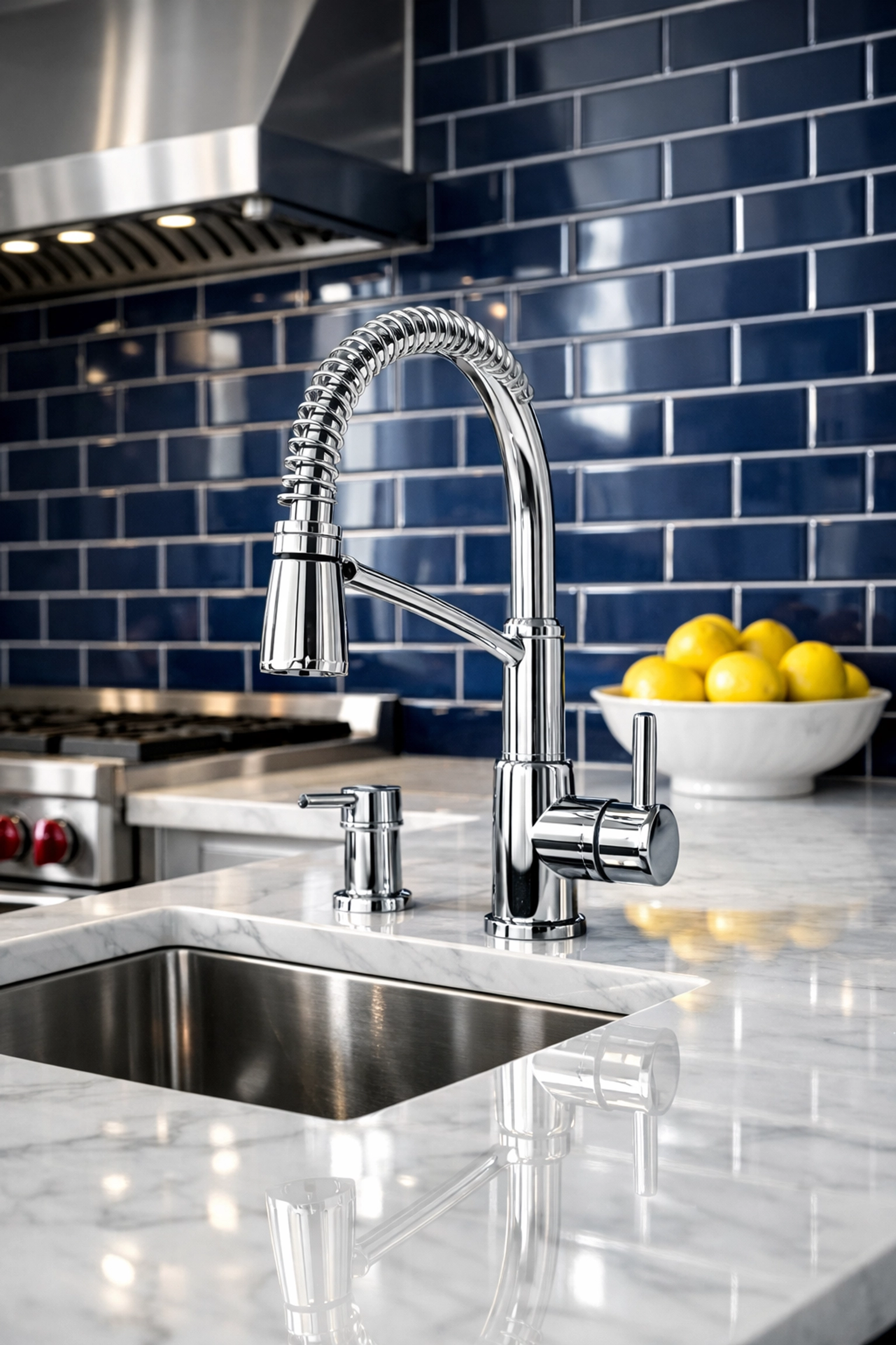 Sparkling white marble kitchen countertops and clean appliances from The Cleaning Ninjas professional service.
