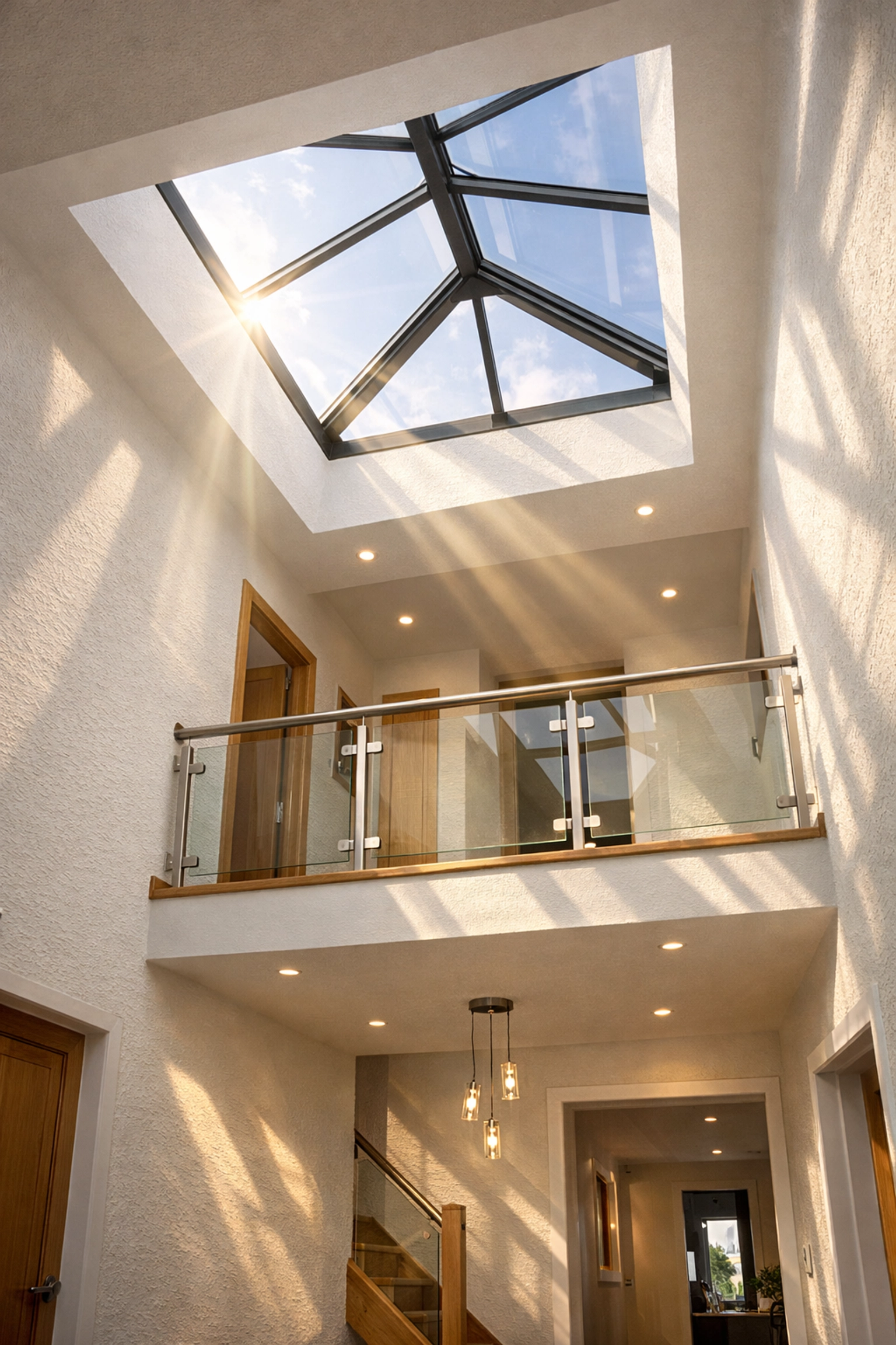 Light-filled hallway with a roof lantern in a modern West Sussex bungalow renovation project.