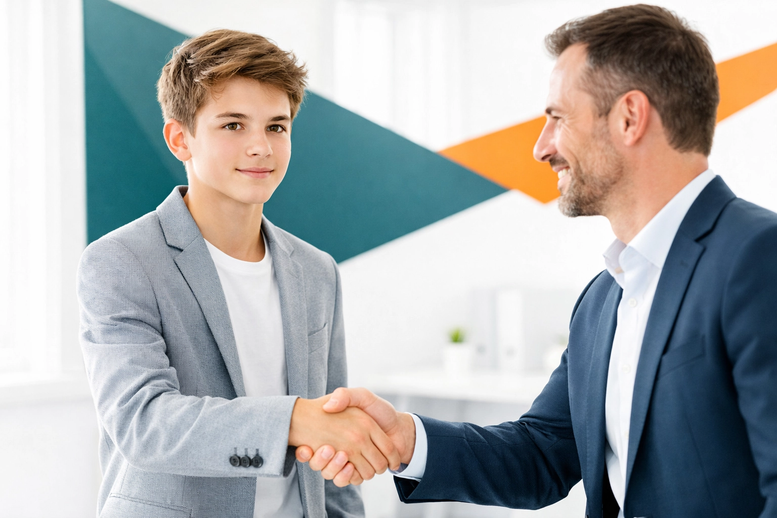 Confident teenager shaking hands in a professional setting, demonstrating strong life skills and etiquette.