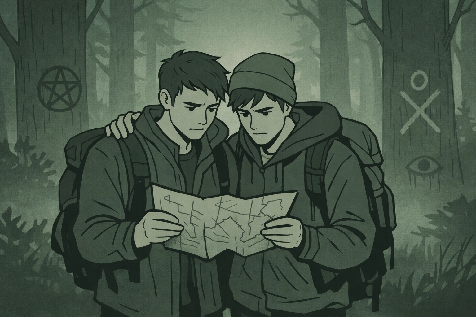 Two male hikers examine map at dark forest edge with ominous cult symbols carved in trees