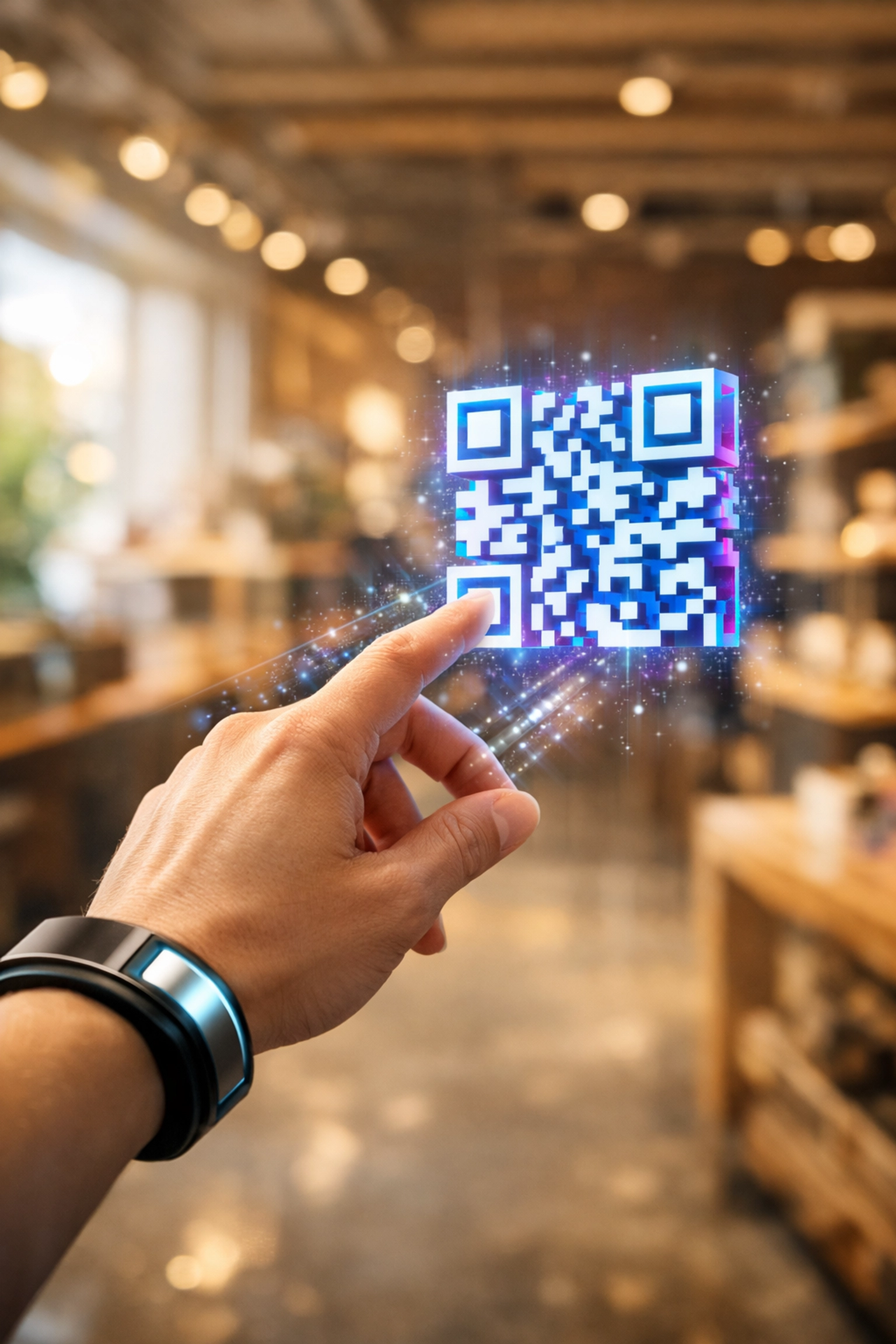 Shopper using an AR wristband to scan a holographic QR code for seamless Larecoin.ai crypto payments.