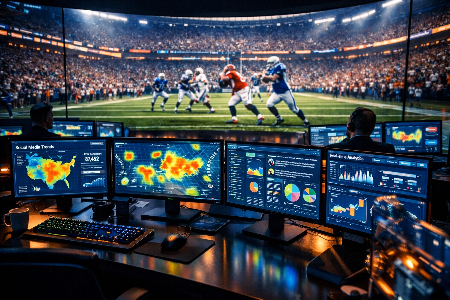 Digital marketing command center tracking real-time analytics for the Sporttron network during the Super Bowl.