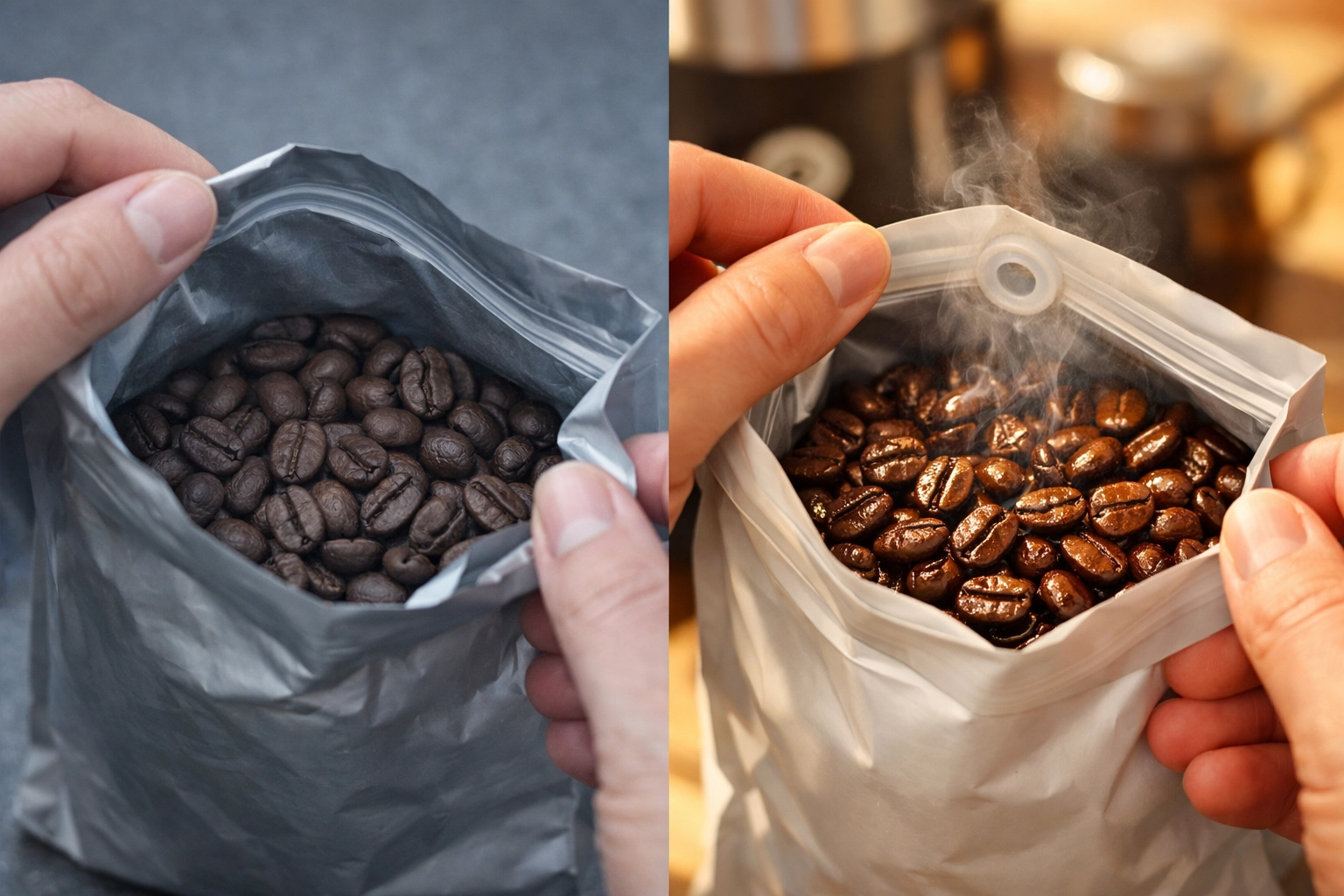 Comparison of stale supermarket coffee beans versus fresh specialty coffee beans