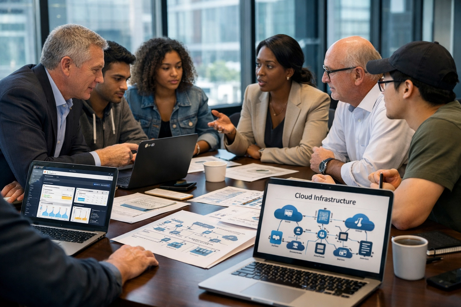 Corporate executives partnering with technical trainees in workforce development training program