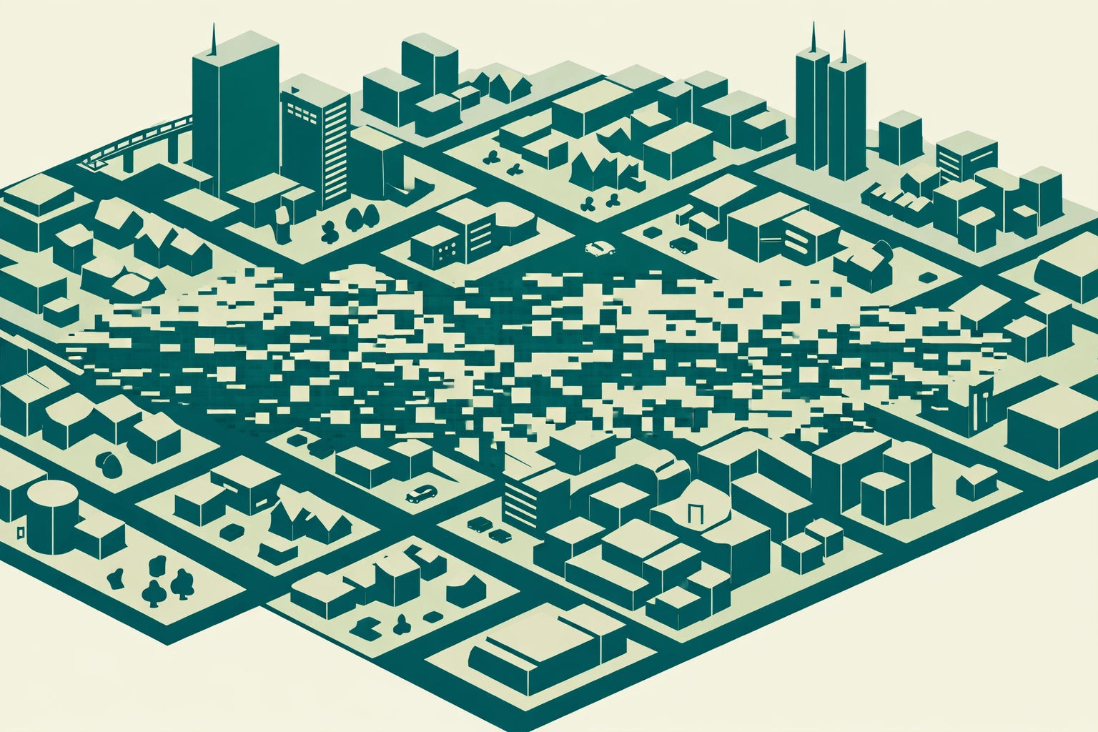 Minimalist teal city grid with a digital glitch representing systemic flaws in large-scale enterprise SEO audits.