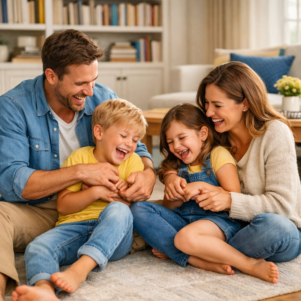A happy family relaxing in a dust-free, organized family room thanks to house cleaning Needham MA services.