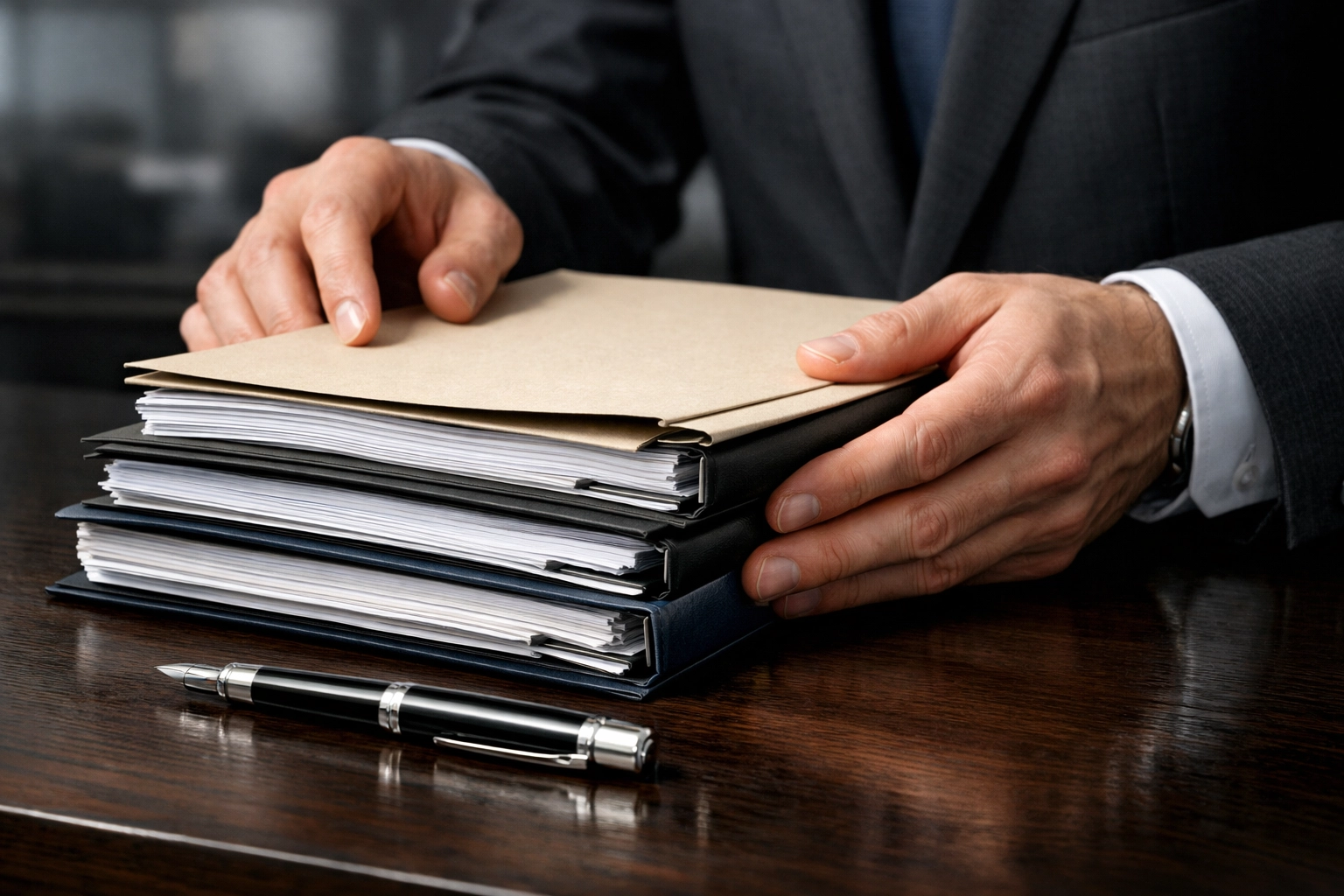 Professional in a suit organizing files for a corporate background check in South Carolina.