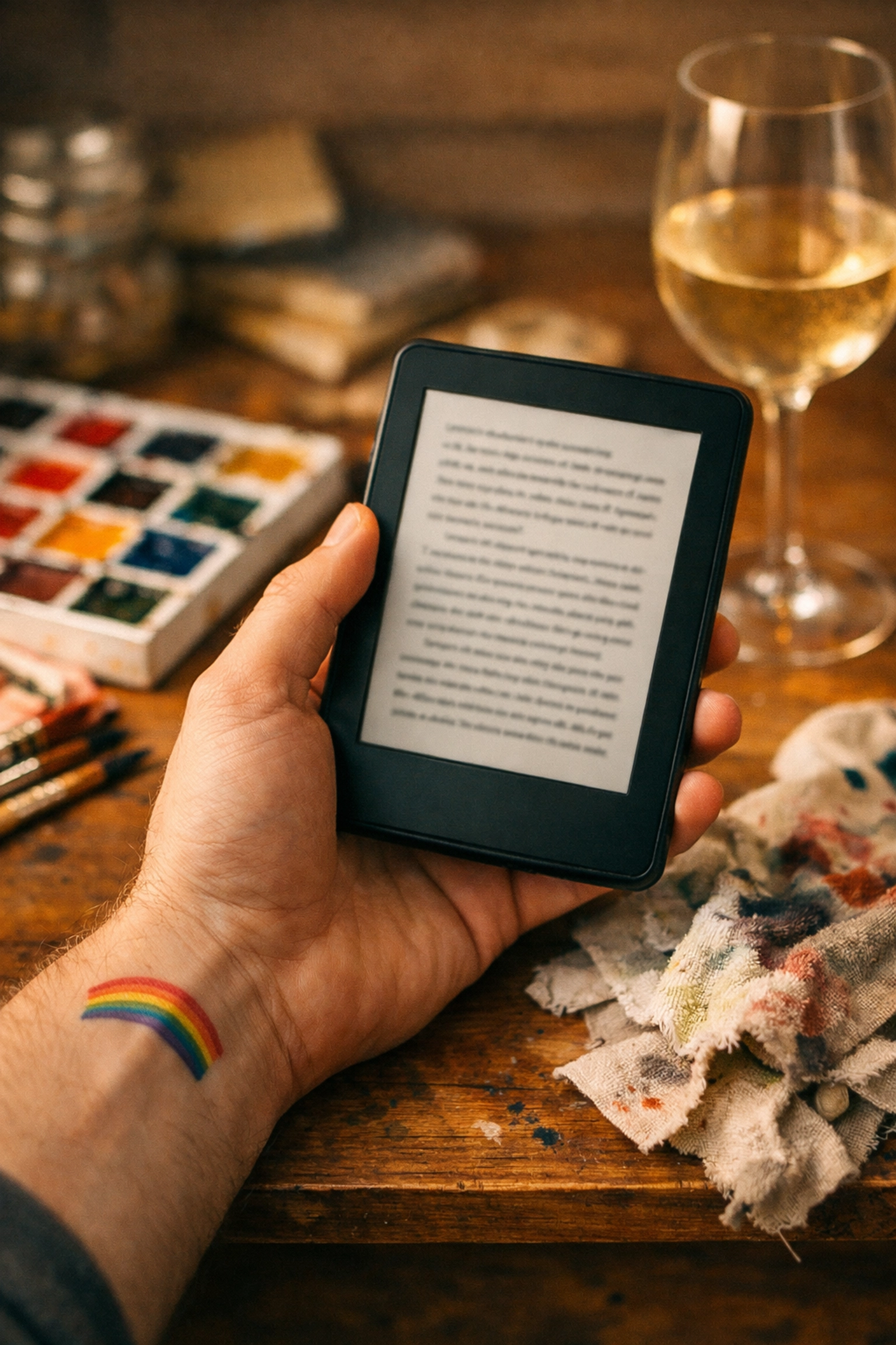 Close-up of a hand with a pride tattoo holding an e-reader next to art supplies for Read with pride fans.