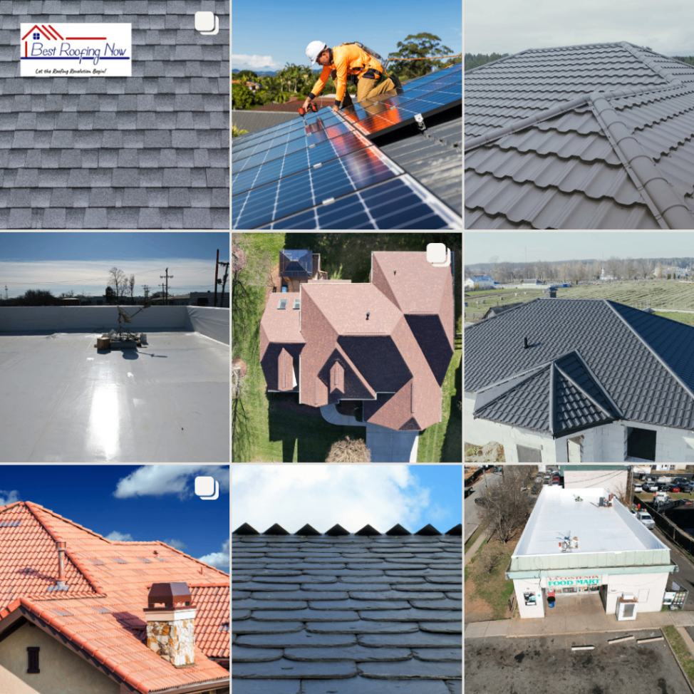 Grid of Roofing Project Images Grid of roofing project images including asphalt shingles, solar panel installation, metal and tile roofs, flat commercial roofing, and aerial views of residential and commercial buildings. Displays Best Roofing Now's capabilities in residential, commercial, metal, tile, and low-slope roofing solutions, along with maintenance and new installation services for diverse property types.