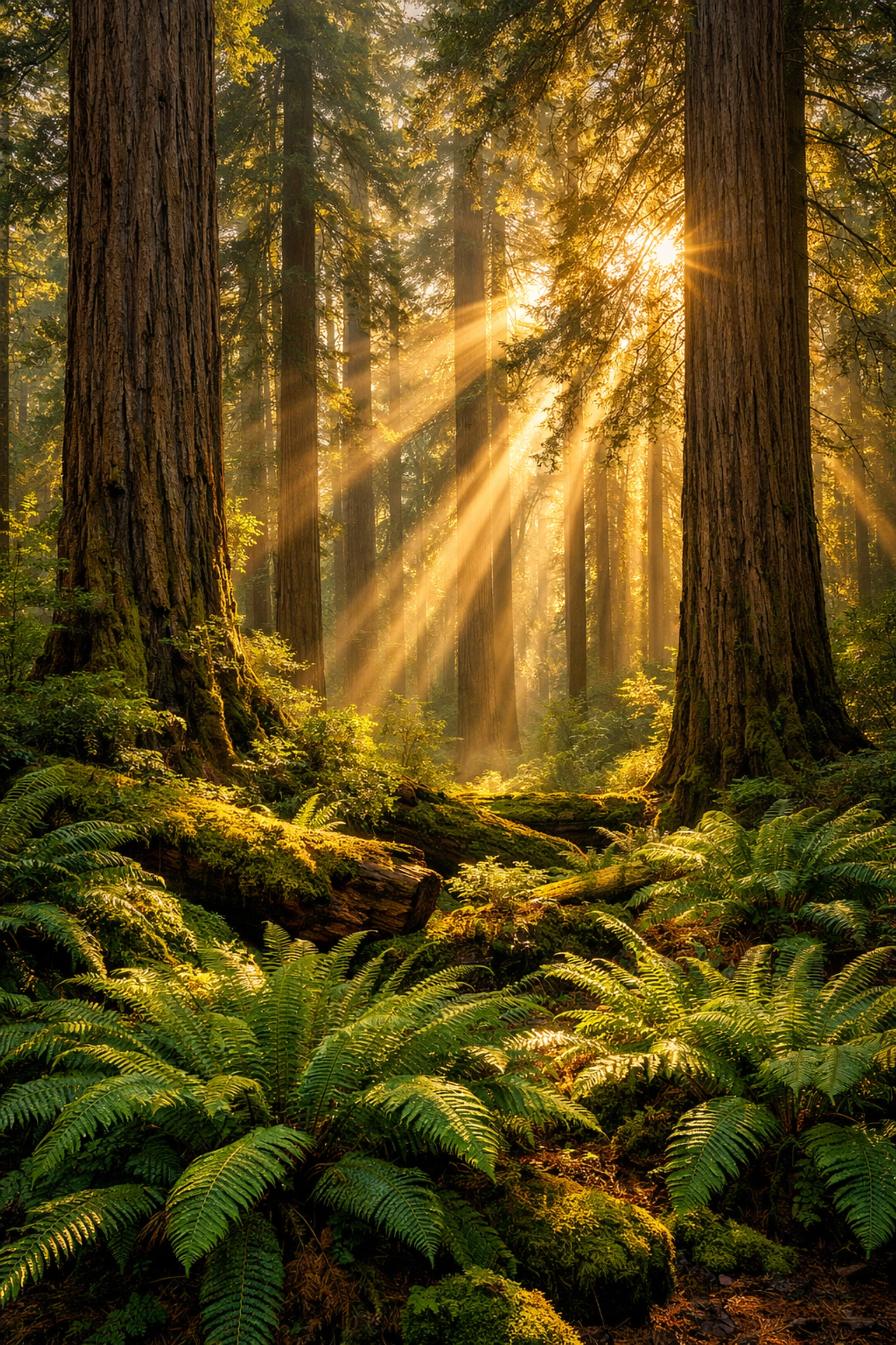 Sharp redwood forest photo with golden hour lighting achieved through Luminar Neo landscape edits.