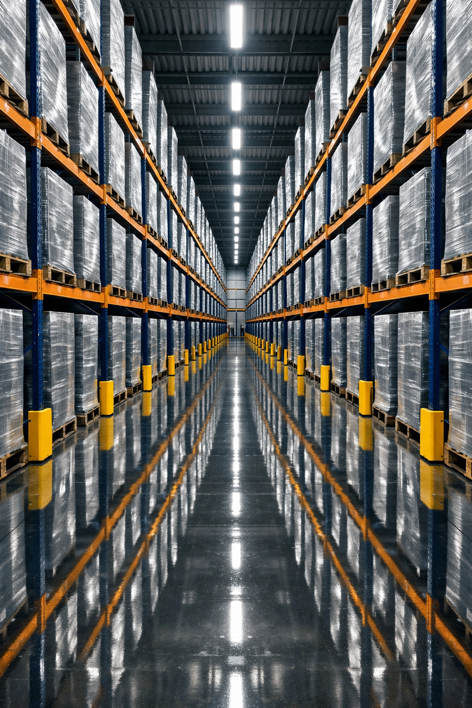 Symmetrical warehouse aisle at Lanta LLC showcasing organized inventory management and scalability.