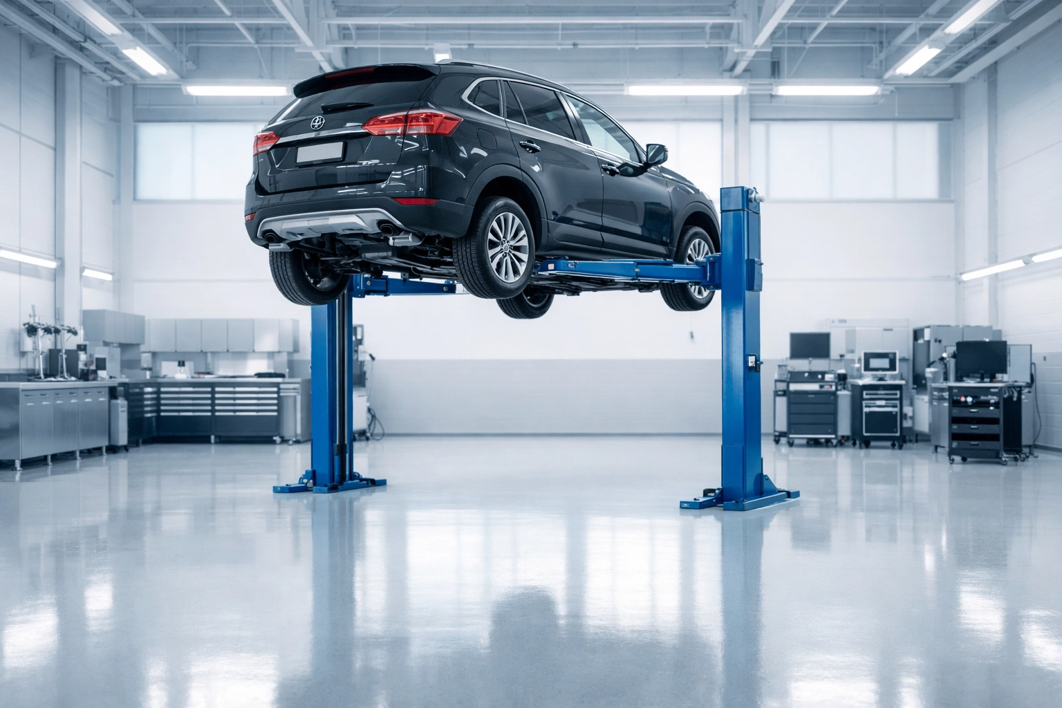 Modern Hamilton auto repair shop bay with a car on a lift for expert brake repair and proactive maintenance checks.