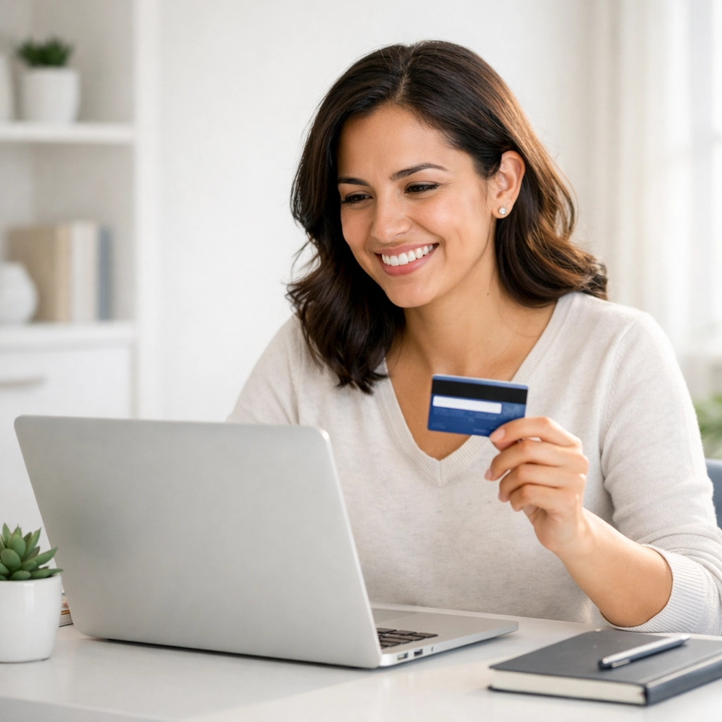 Woman managing credit card payments online to build good credit score