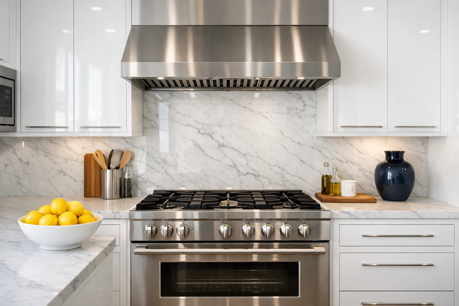 Spotless modern kitchen with marble counters after professional Apartment Cleaning in Boston services.