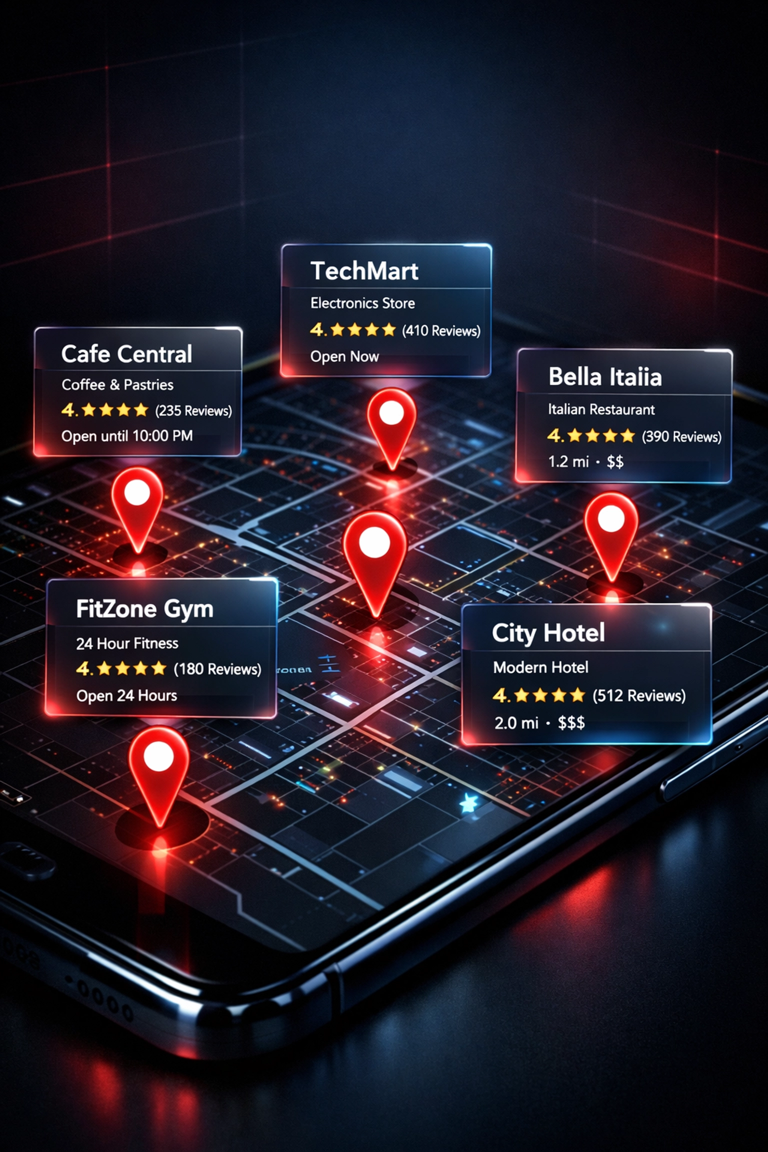 Mobile local search map with business location pins displaying zero-click information cards