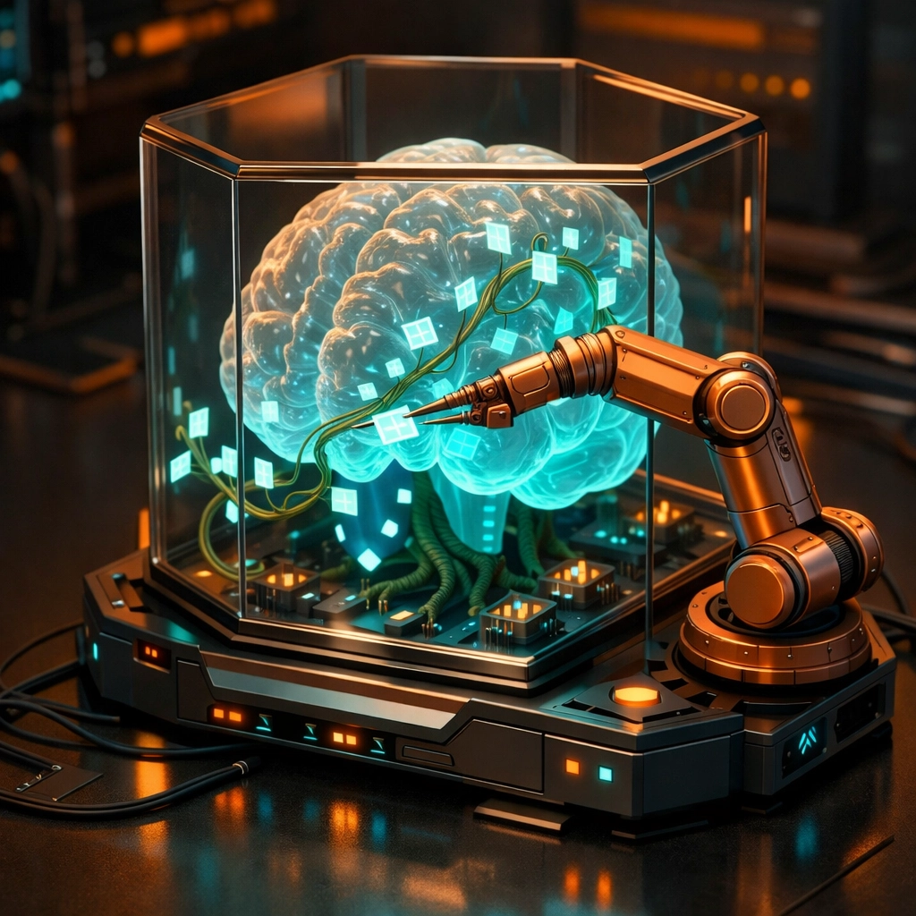 Robotic arm pruning a digital brain to represent ongoing AI maintenance and knowledge base updates.
