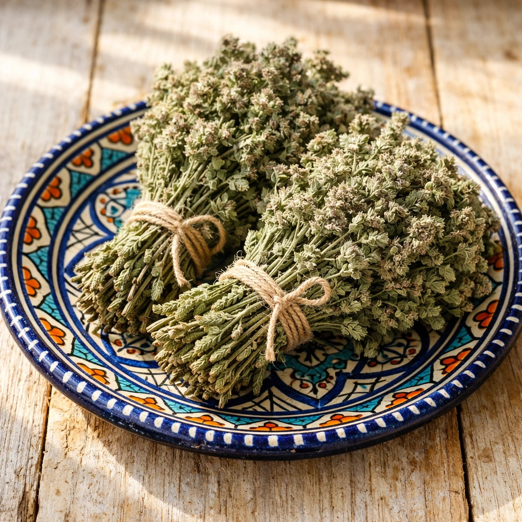 حزم من عشبة فليو المغربية المجففة على طبق خزفي تقليدي تبرز جودة الأعشاب المغربية