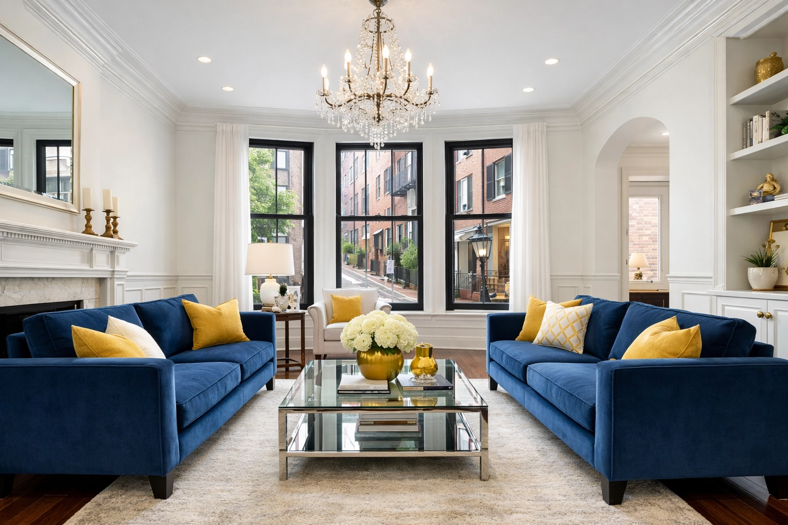 A pristine, high-end living room in a brownstone after a luxury house cleaning Beacon Hill service.