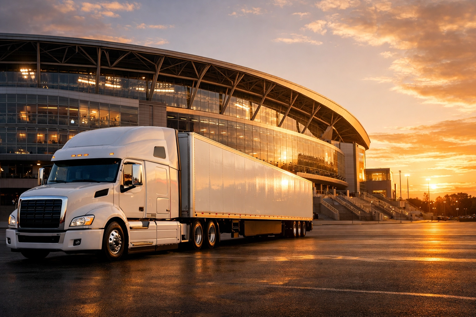 A commercial transport truck at a sports stadium illustrating Dakdan Worldwide's logistics and infrastructure.