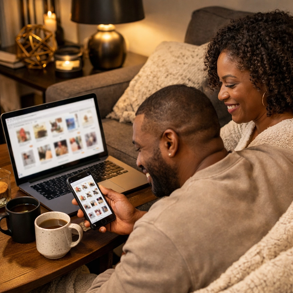 A Black couple browsing an online marketplace to make intentional Buyblack money moves.