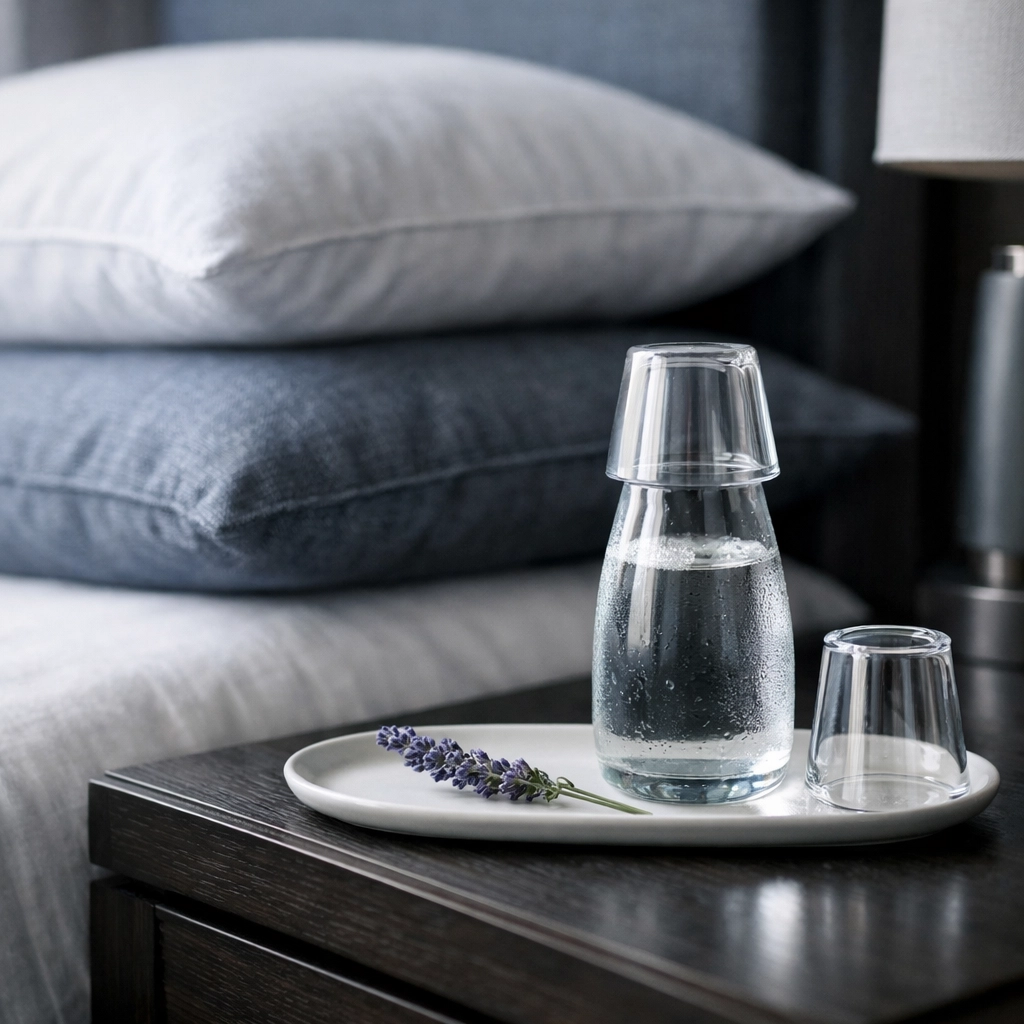 Personalized luxury hotel room setup with lavender and water for a curated guest experience.