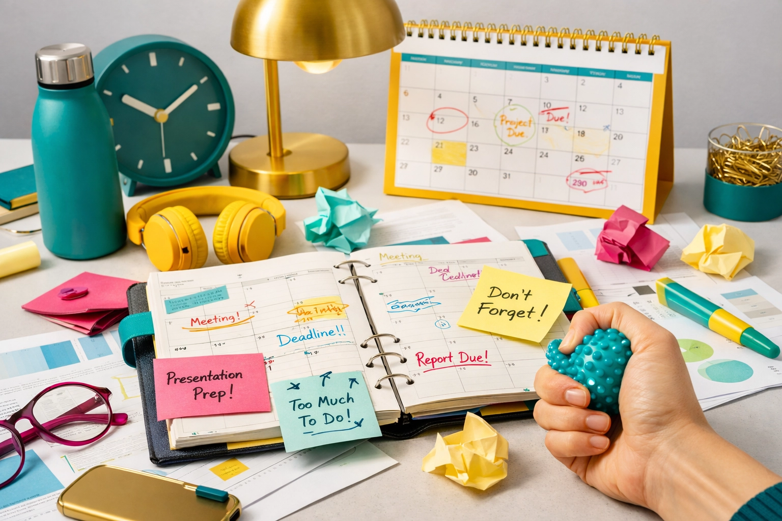 Cluttered desk workspace revealing hidden stress and anxiety of high-functioning professional