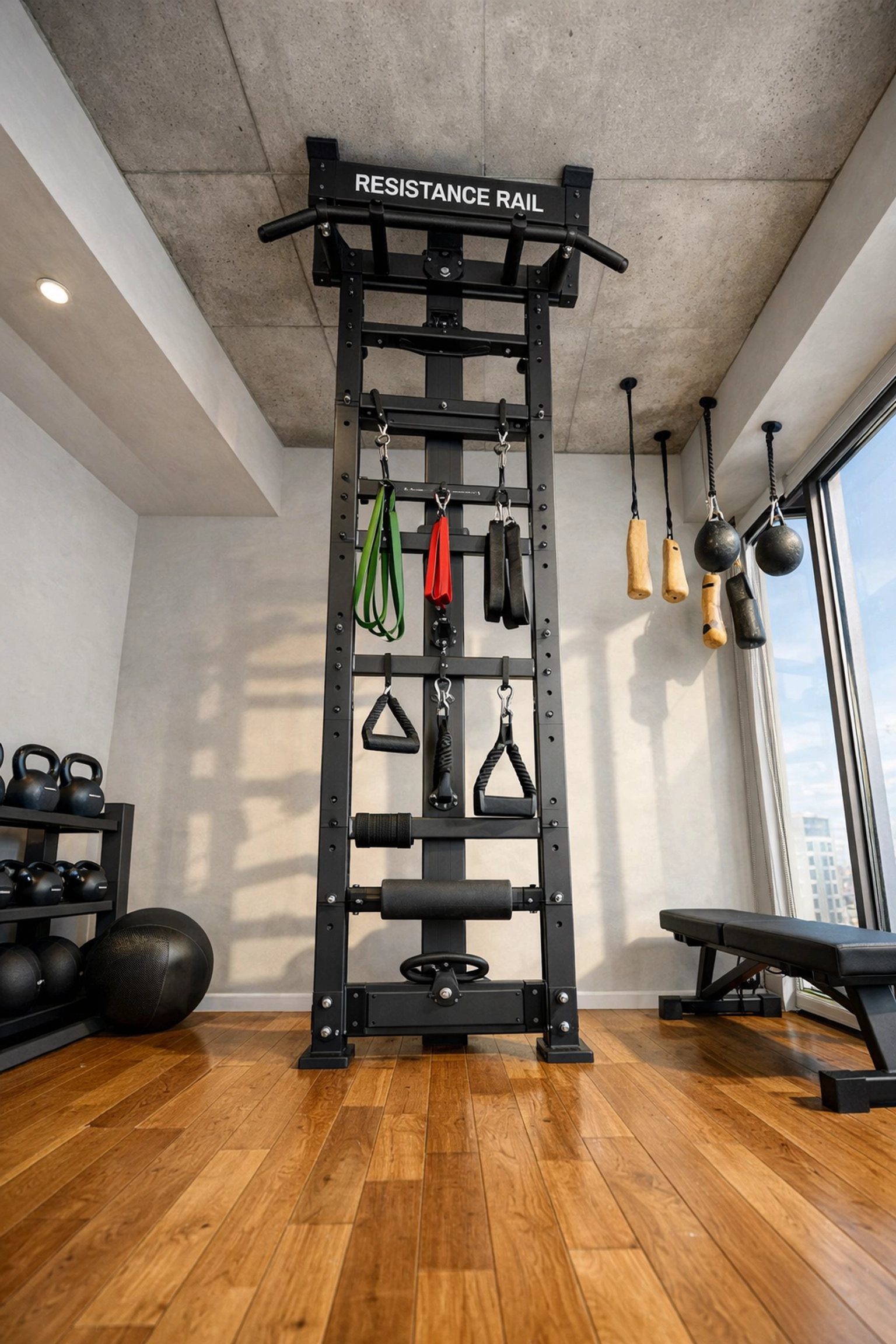 Space-efficient home gym featuring a floor to ceiling pull up bar alternative for no wall damage.