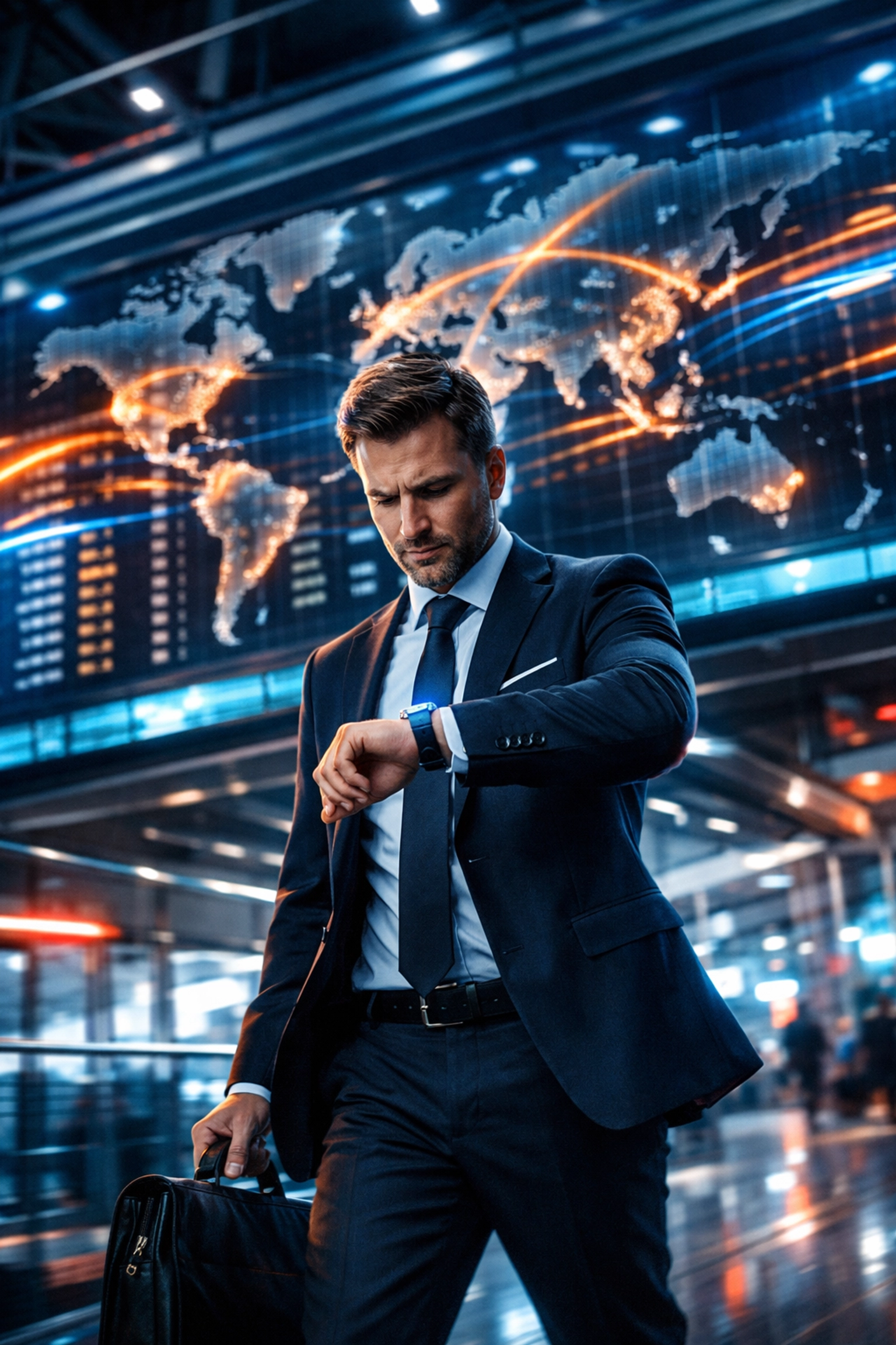 Business traveler tracking global time zone shifts on a smartwatch in a modern airport terminal.