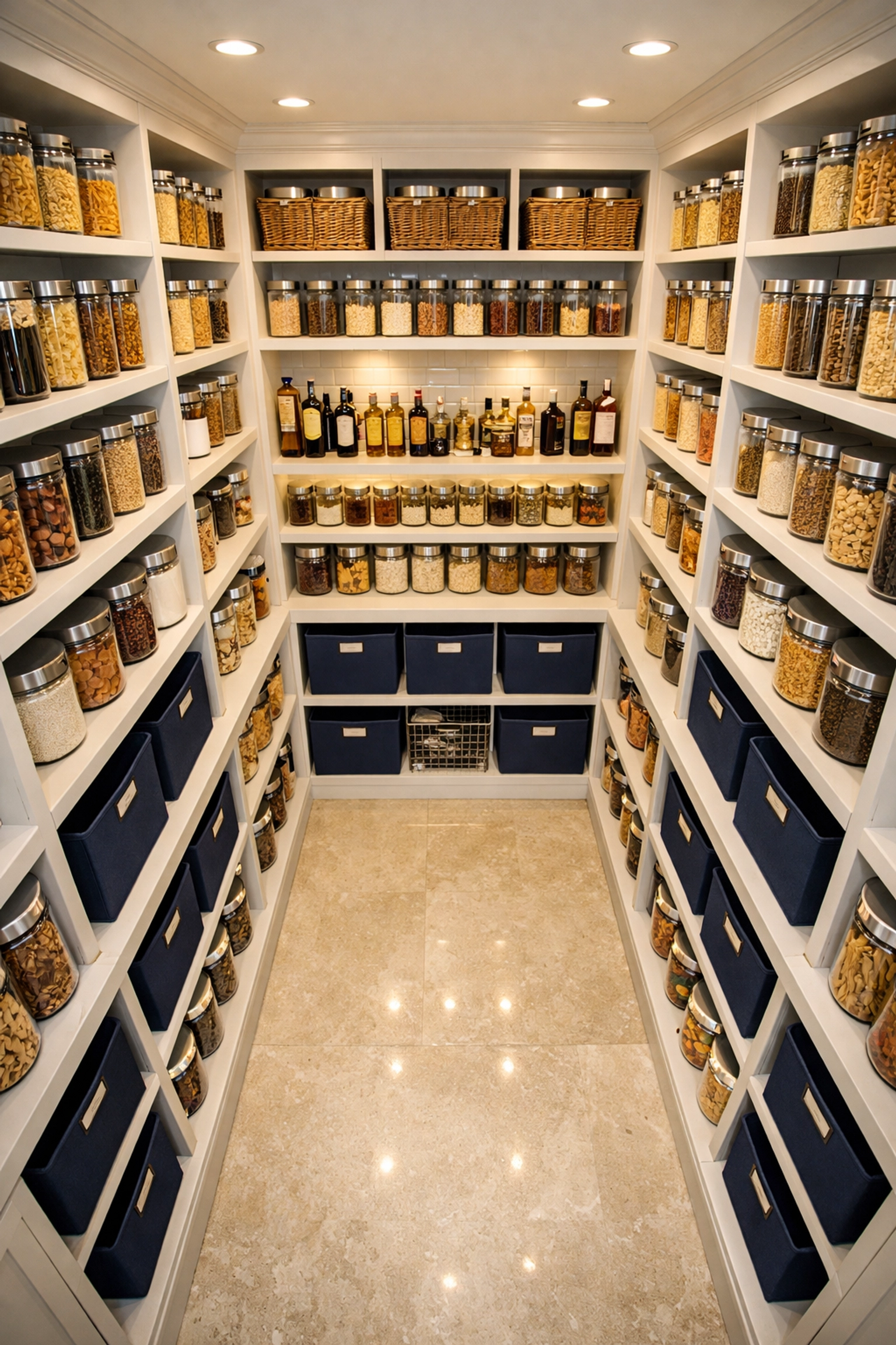 Organized luxury walk-in pantry with professional storage bins as part of Marblehead home cleaning.